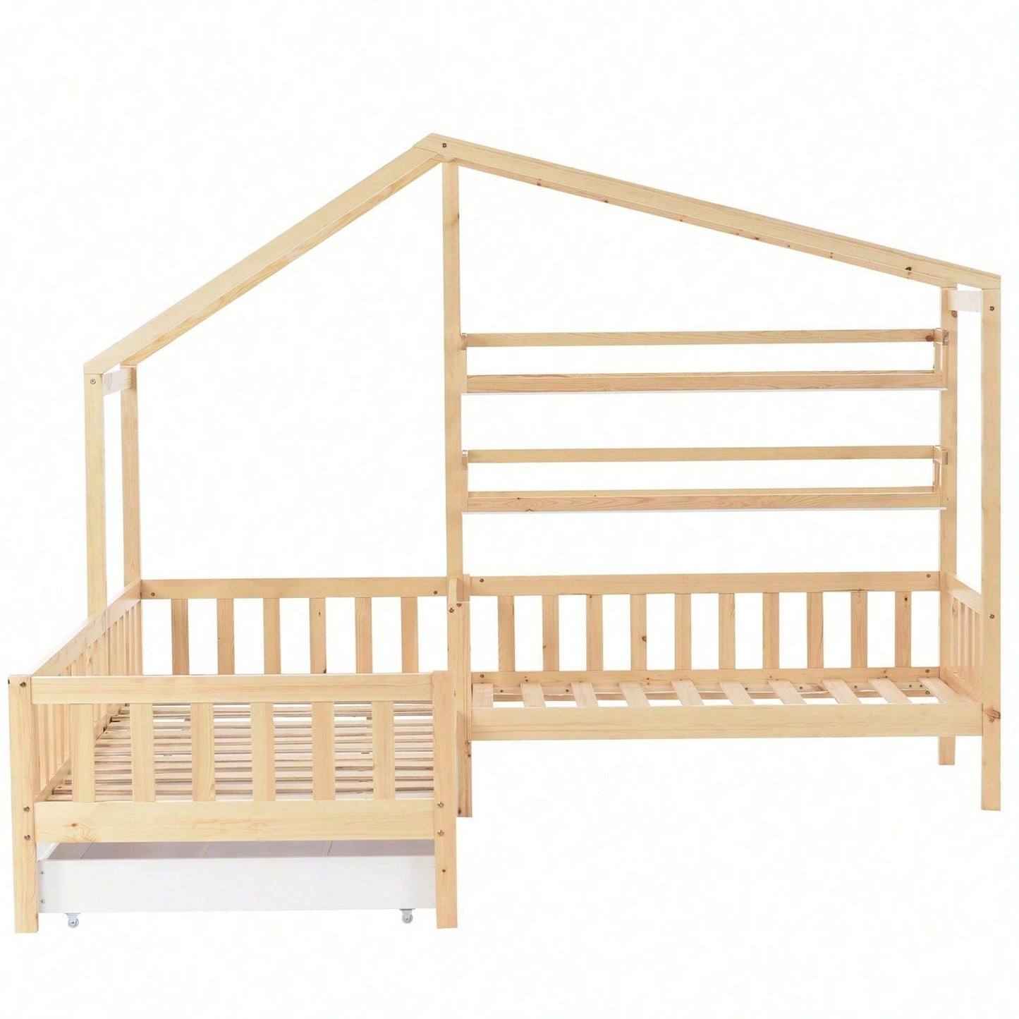 Kinderbett Hausbett mit Schubladen und Regalen, Massivholz mit Zaun und Lattenrost, L-Struktur, Natur (90x200 cm+140x70cm)