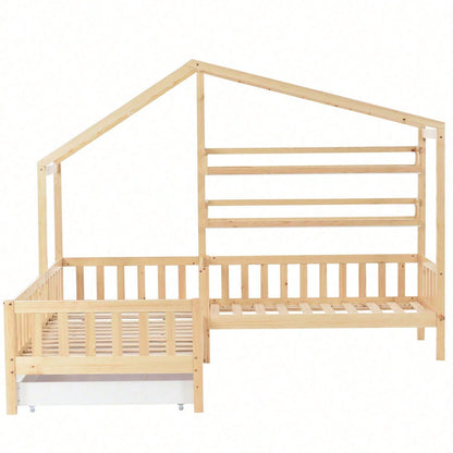 Kinderbett Hausbett mit Schubladen und Regalen, Massivholz mit Zaun und Lattenrost, L-Struktur, Natur (90x200 cm+140x70cm)