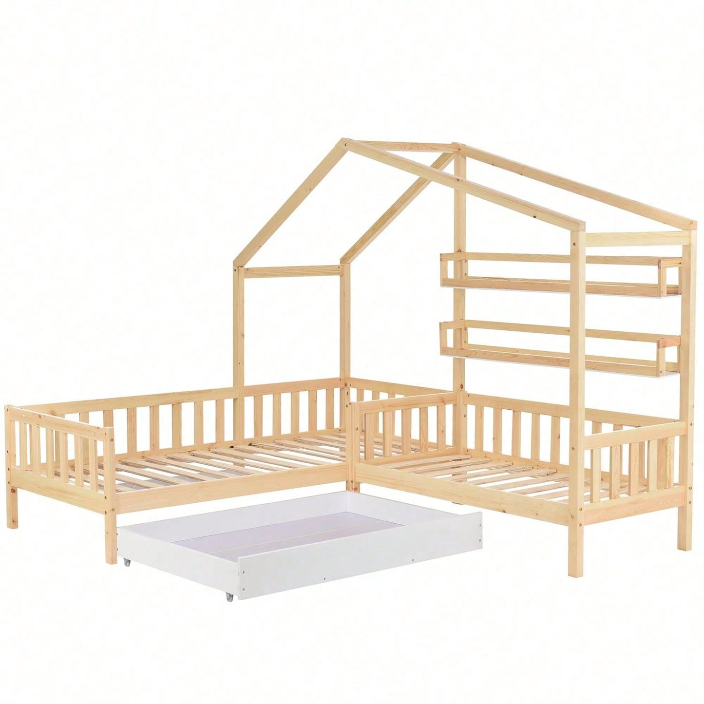 Kinderbett Hausbett mit Schubladen und Regalen, Massivholz mit Zaun und Lattenrost, L-Struktur, Natur (90x200 cm+140x70cm)