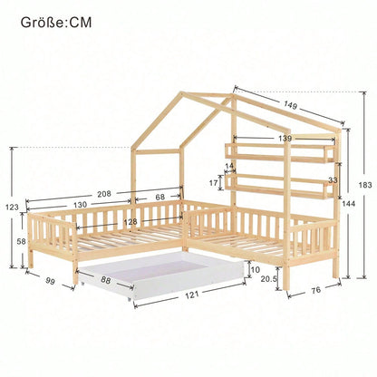 Kinderbett Hausbett mit Schubladen und Regalen, Massivholz mit Zaun und Lattenrost, L-Struktur, Natur (90x200 cm+140x70cm)