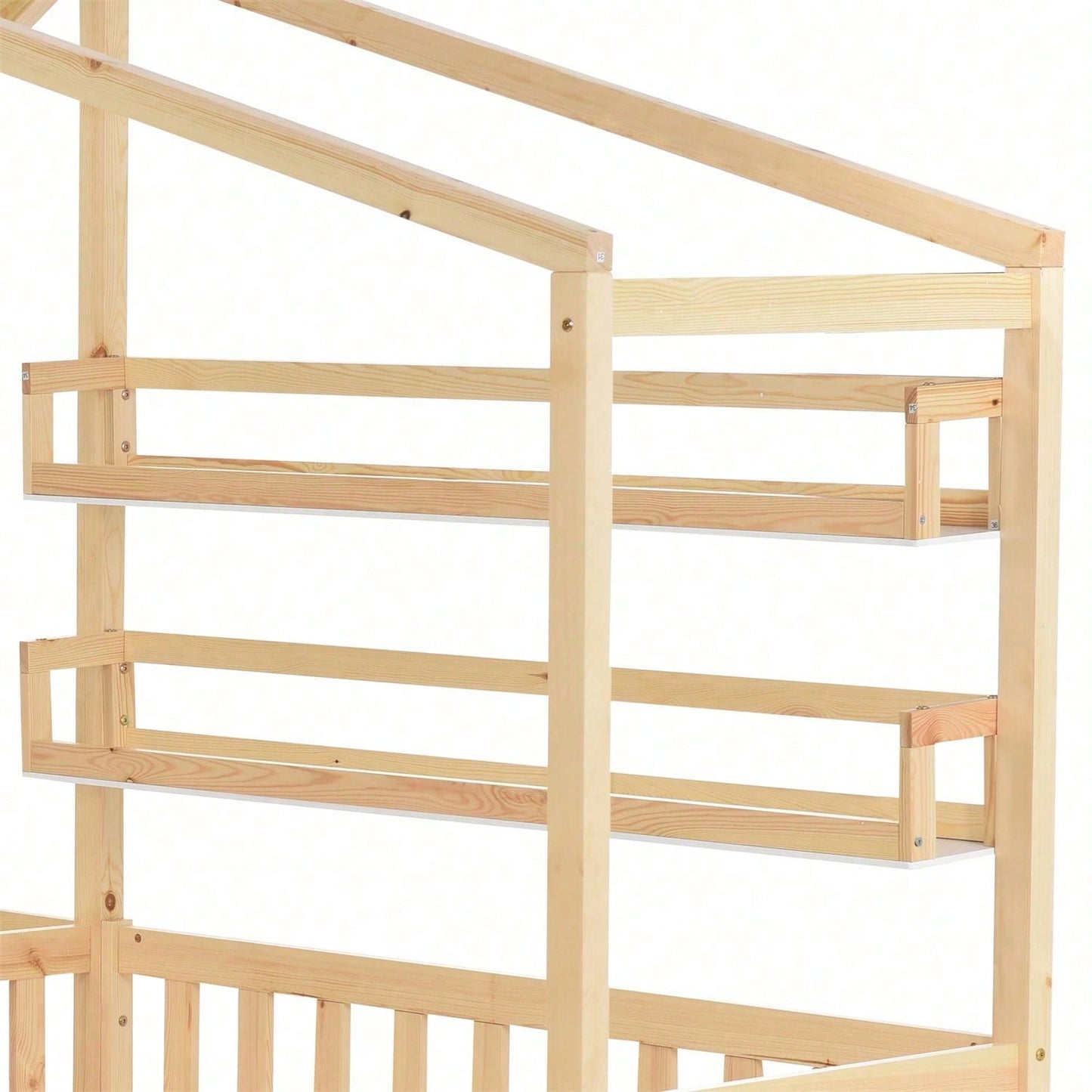 Kinderbett Hausbett mit Schubladen und Regalen, Massivholz mit Zaun und Lattenrost, L-Struktur, Natur (90x200 cm+140x70cm)