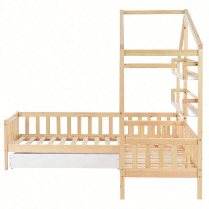 Kinderbett Hausbett mit Schubladen und Regalen, Massivholz mit Zaun und Lattenrost, L-Struktur, Natur (90x200 cm+140x70cm)