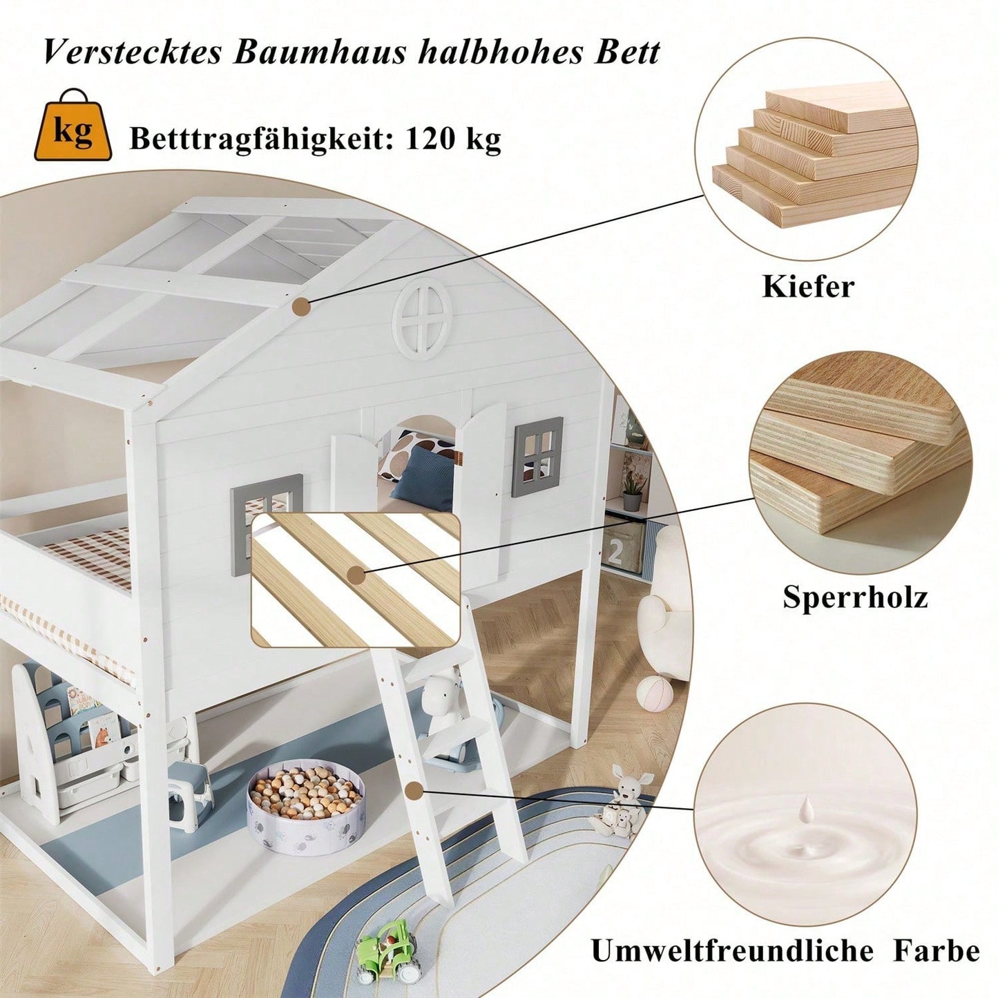 Hausbett, mit Treppe, mit Fallschutz und Gitter, Zwei graue Fenster, Kinderbett mit Fenster, Frei gestaltetes Unterbett, Rahmen aus Kiefer, Kiefer+MDF, Weiß+Grau, 90x200cm