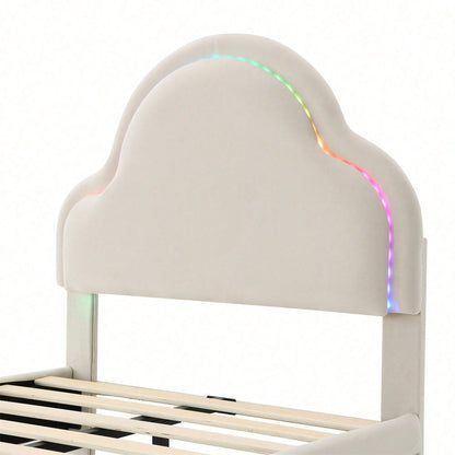 Polsterbett mit Kopfteil in Wolkenform, mit mehrfarbigen, wechselnden LED-Streifen, Kinderbett mit Holzlatten, Einzelbett, Samt, Beige, 90x200cm