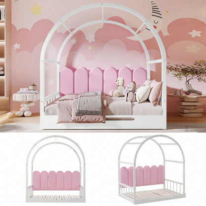 Erweiterbares Gewölbtes Dachbett, Schiebebett, Kinderbett, Tagesbett, Doppelbett, Samtkissen, Rahmen aus Kiefernholz, Weiß+Rosa (140x100cm&140x200cm)