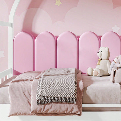 Erweiterbares Gewölbtes Dachbett, Schiebebett, Kinderbett, Tagesbett, Doppelbett, Samtkissen, Rahmen aus Kiefernholz, Weiß+Rosa (140x100cm&140x200cm)