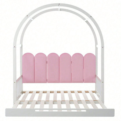 Erweiterbares Gewölbtes Dachbett, Schiebebett, Kinderbett, Tagesbett, Doppelbett, Samtkissen, Rahmen aus Kiefernholz, Weiß+Rosa (140x100cm&140x200cm)