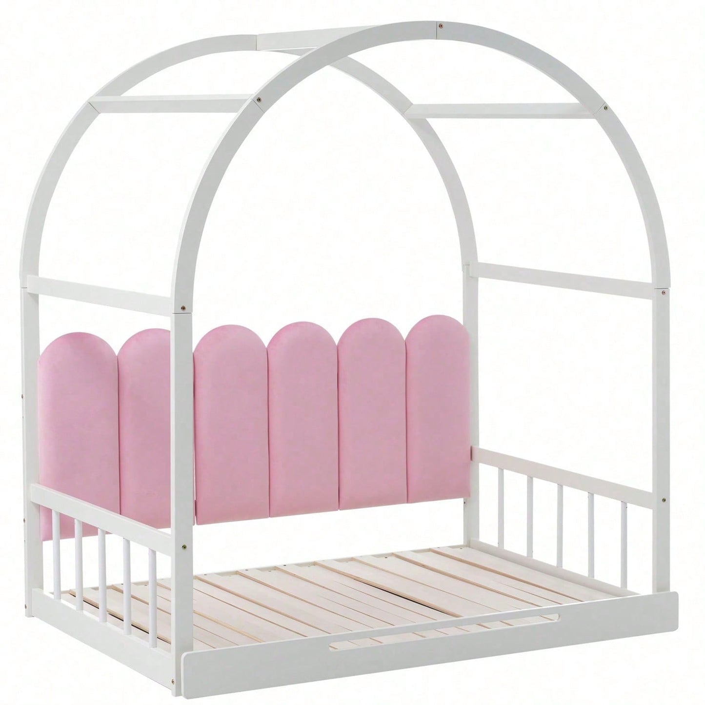 Erweiterbares Gewölbtes Dachbett, Schiebebett, Kinderbett, Tagesbett, Doppelbett, Samtkissen, Rahmen aus Kiefernholz, Weiß+Rosa (140x100cm&140x200cm)