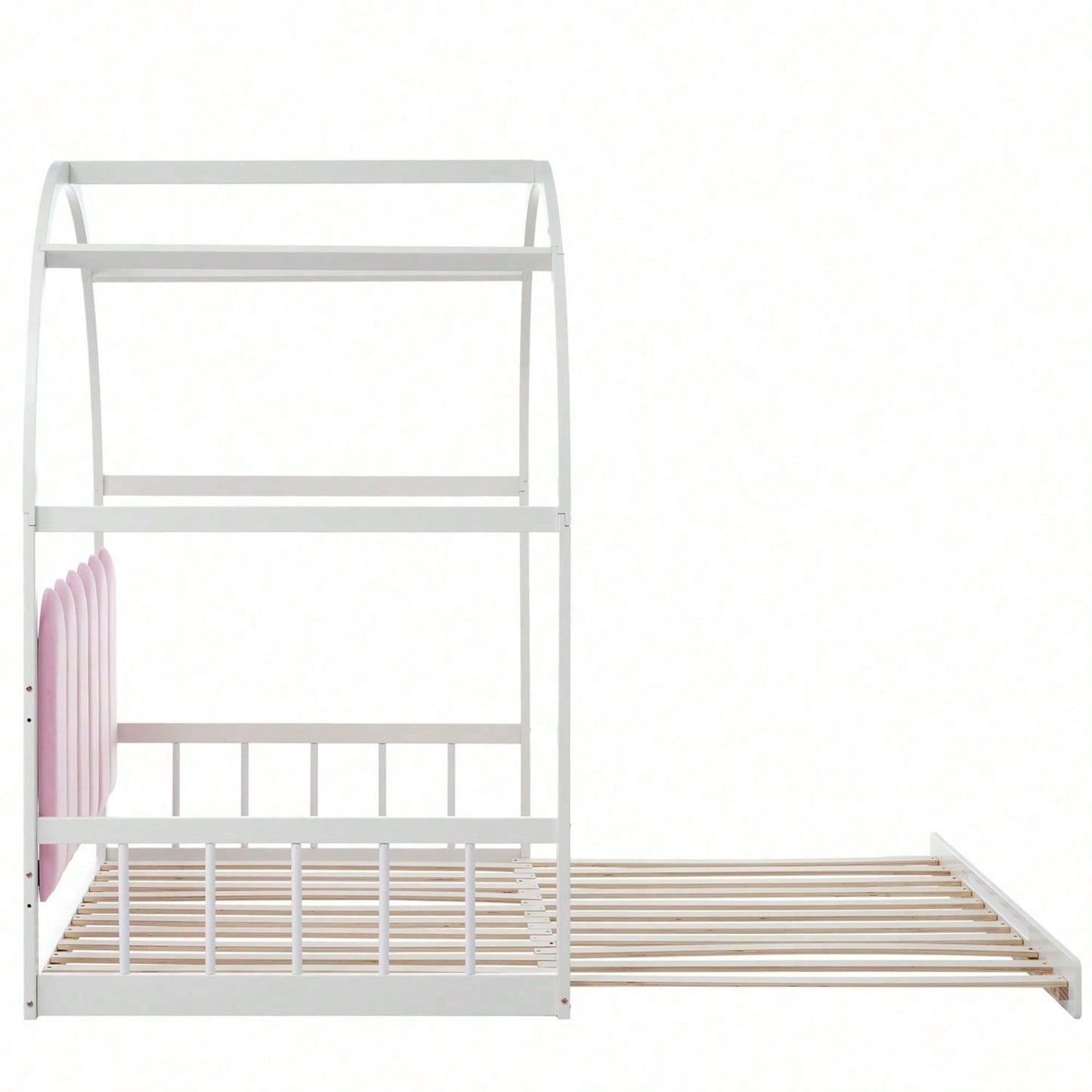 Erweiterbares Gewölbtes Dachbett, Schiebebett, Kinderbett, Tagesbett, Doppelbett, Samtkissen, Rahmen aus Kiefernholz, Weiß+Rosa (140x100cm&140x200cm)