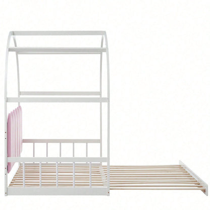 Erweiterbares Gewölbtes Dachbett, Schiebebett, Kinderbett, Tagesbett, Doppelbett, Samtkissen, Rahmen aus Kiefernholz, Weiß+Rosa (140x100cm&140x200cm)