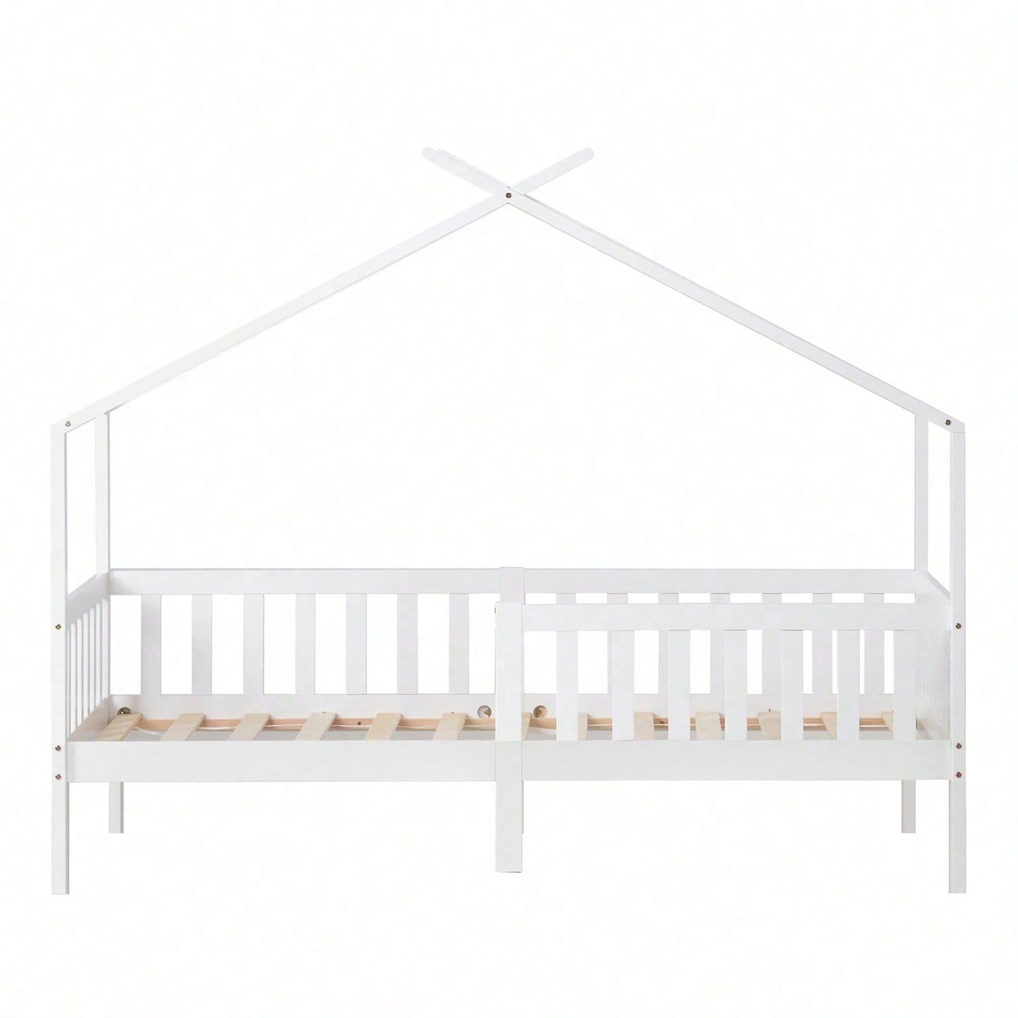 Schönes Hausbett, Kinderbett Massivholz mit Zaun und Lattenrost, Kinder- und Jugendzimmer mit Absturzsicherung, weiß (200x90 cm)