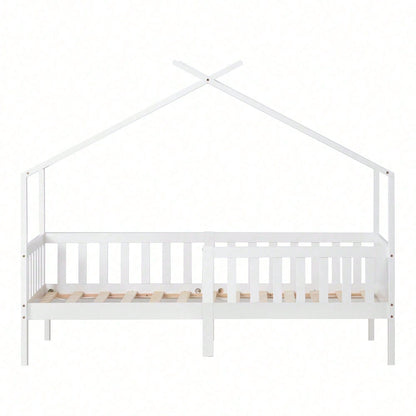 Schönes Hausbett, Kinderbett Massivholz mit Zaun und Lattenrost, Kinder- und Jugendzimmer mit Absturzsicherung, weiß (200x90 cm)