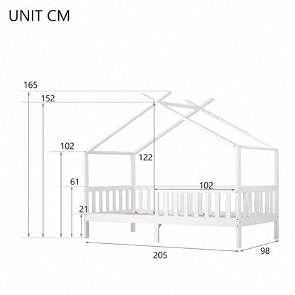 Schönes Hausbett, Kinderbett Massivholz mit Zaun und Lattenrost, Kinder- und Jugendzimmer mit Absturzsicherung, weiß (200x90 cm)