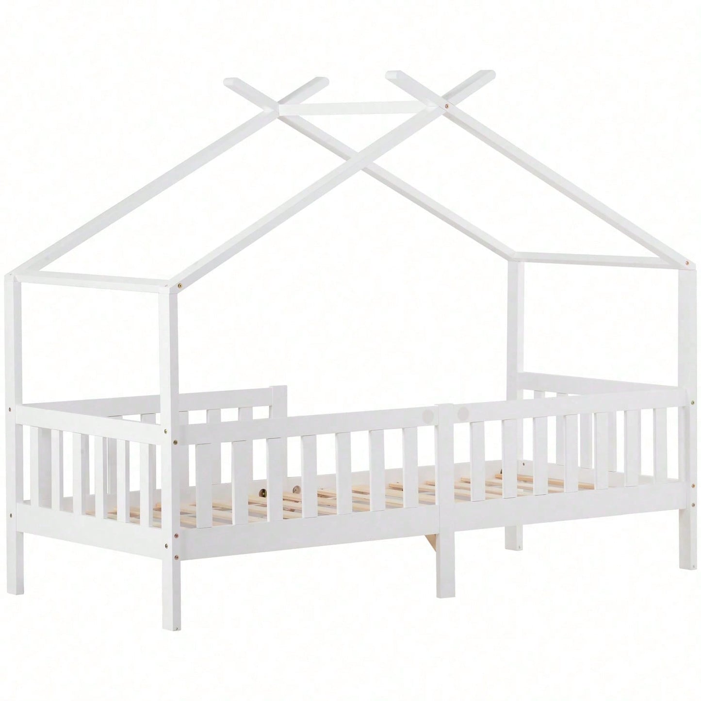 Schönes Hausbett, Kinderbett Massivholz mit Zaun und Lattenrost, Kinder- und Jugendzimmer mit Absturzsicherung, weiß (200x90 cm)