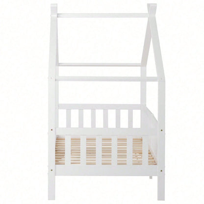 Schönes Hausbett, Kinderbett Massivholz mit Zaun und Lattenrost, Kinder- und Jugendzimmer mit Absturzsicherung, weiß (200x90 cm)