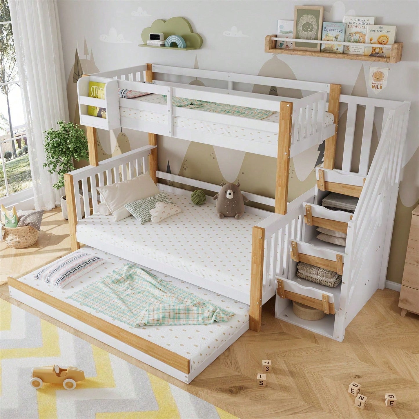 [N622F419012N] Etagenbett, Kinderbett, mit Fallschutz und Gitter, Entworfen mit drei Bettpositionen, mit Rollbett, Spezielles Türverkleidungsdesign, Ecktreppe, Kiefer+MDF, Weiß+Natur, 90x200&120*200cm