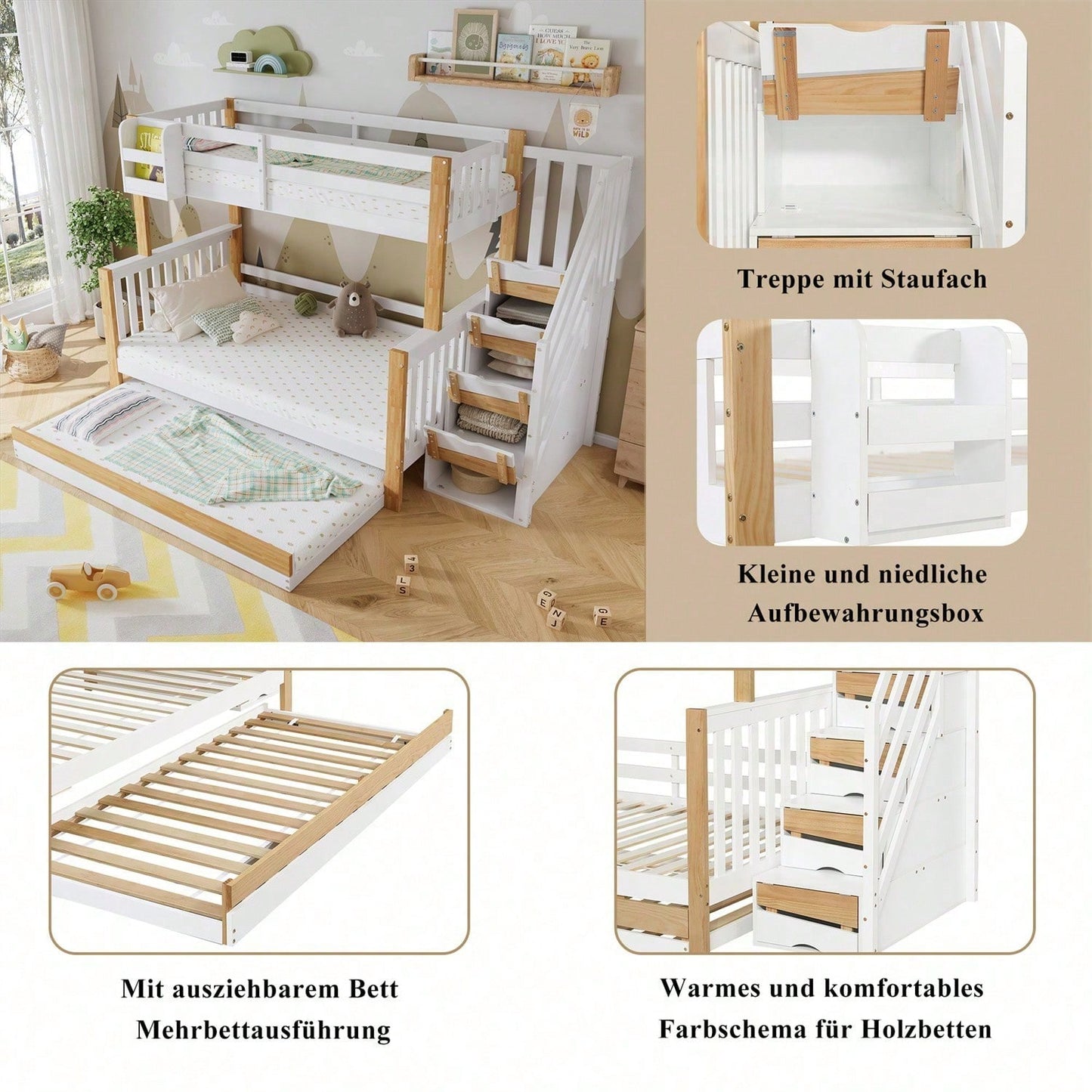 [N622F419012N] Etagenbett, Kinderbett, mit Fallschutz und Gitter, Entworfen mit drei Bettpositionen, mit Rollbett, Spezielles Türverkleidungsdesign, Ecktreppe, Kiefer+MDF, Weiß+Natur, 90x200&120*200cm