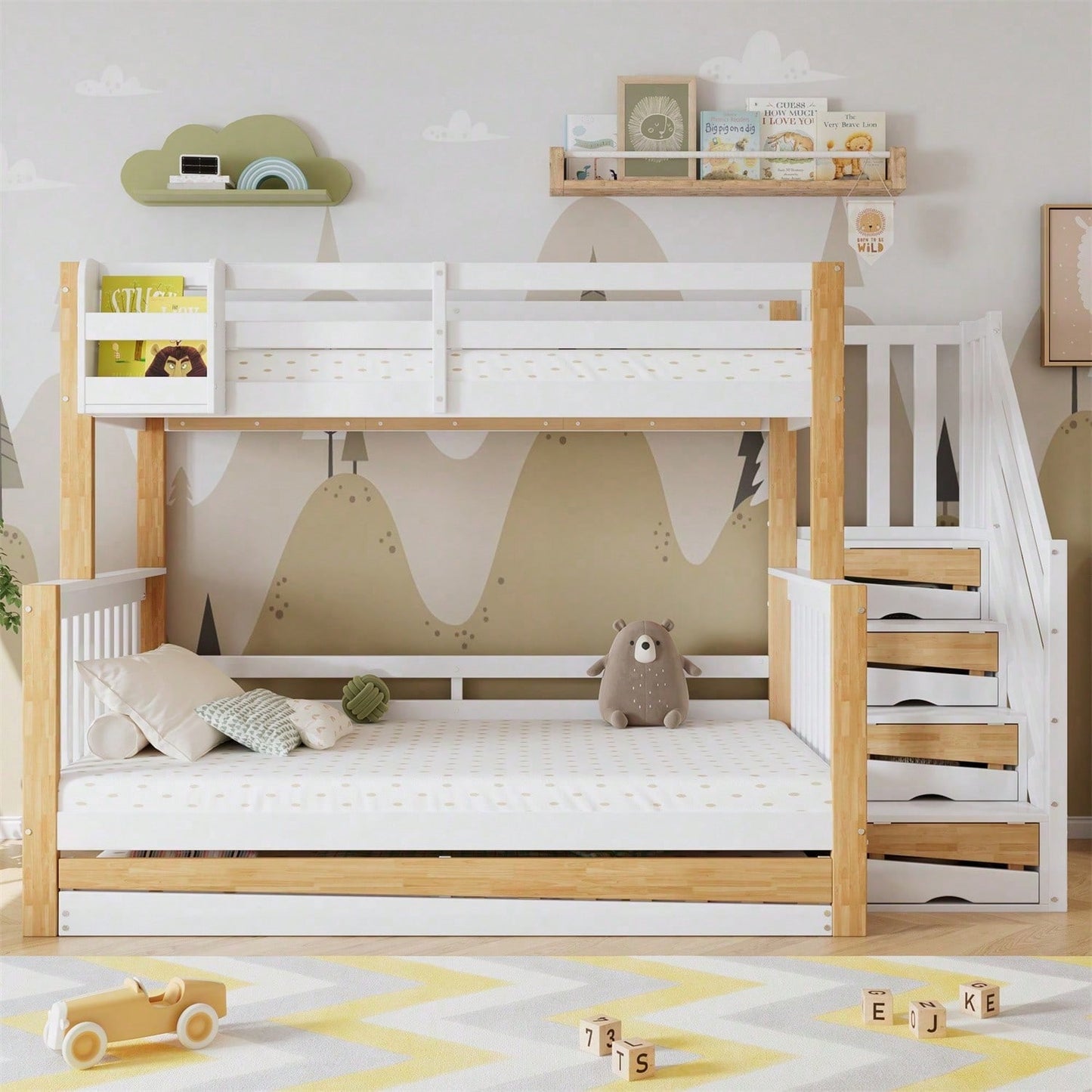 [N622F419012N] Etagenbett, Kinderbett, mit Fallschutz und Gitter, Entworfen mit drei Bettpositionen, mit Rollbett, Spezielles Türverkleidungsdesign, Ecktreppe, Kiefer+MDF, Weiß+Natur, 90x200&120*200cm