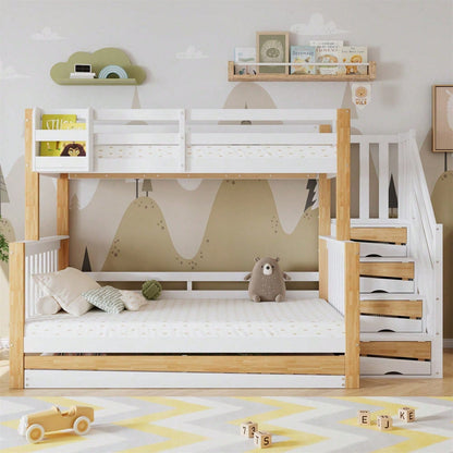 [N622F419012N] Etagenbett, Kinderbett, mit Fallschutz und Gitter, Entworfen mit drei Bettpositionen, mit Rollbett, Spezielles Türverkleidungsdesign, Ecktreppe, Kiefer+MDF, Weiß+Natur, 90x200&120*200cm