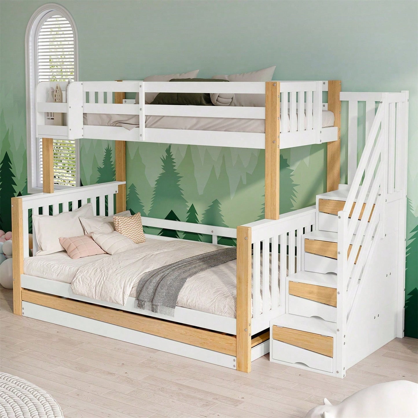 [N622F419012N] Etagenbett, Kinderbett, mit Fallschutz und Gitter, Entworfen mit drei Bettpositionen, mit Rollbett, Spezielles Türverkleidungsdesign, Ecktreppe, Kiefer+MDF, Weiß+Natur, 90x200&120*200cm