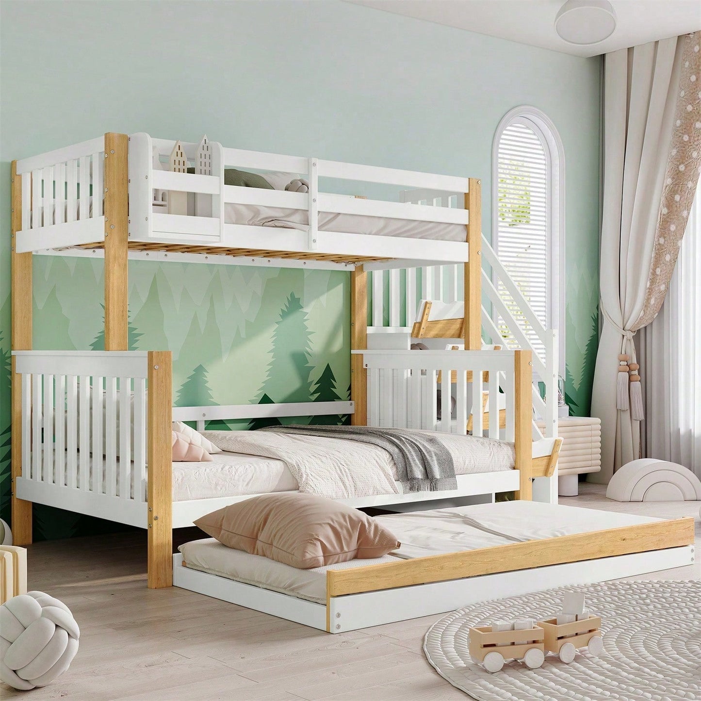 [N622F419012N] Etagenbett, Kinderbett, mit Fallschutz und Gitter, Entworfen mit drei Bettpositionen, mit Rollbett, Spezielles Türverkleidungsdesign, Ecktreppe, Kiefer+MDF, Weiß+Natur, 90x200&120*200cm