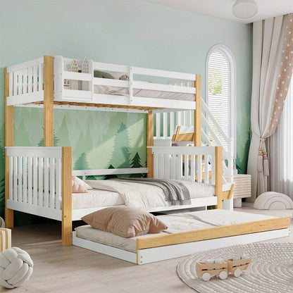 [N622F419012N] Etagenbett, Kinderbett, mit Fallschutz und Gitter, Entworfen mit drei Bettpositionen, mit Rollbett, Spezielles Türverkleidungsdesign, Ecktreppe, Kiefer+MDF, Weiß+Natur, 90x200&120*200cm