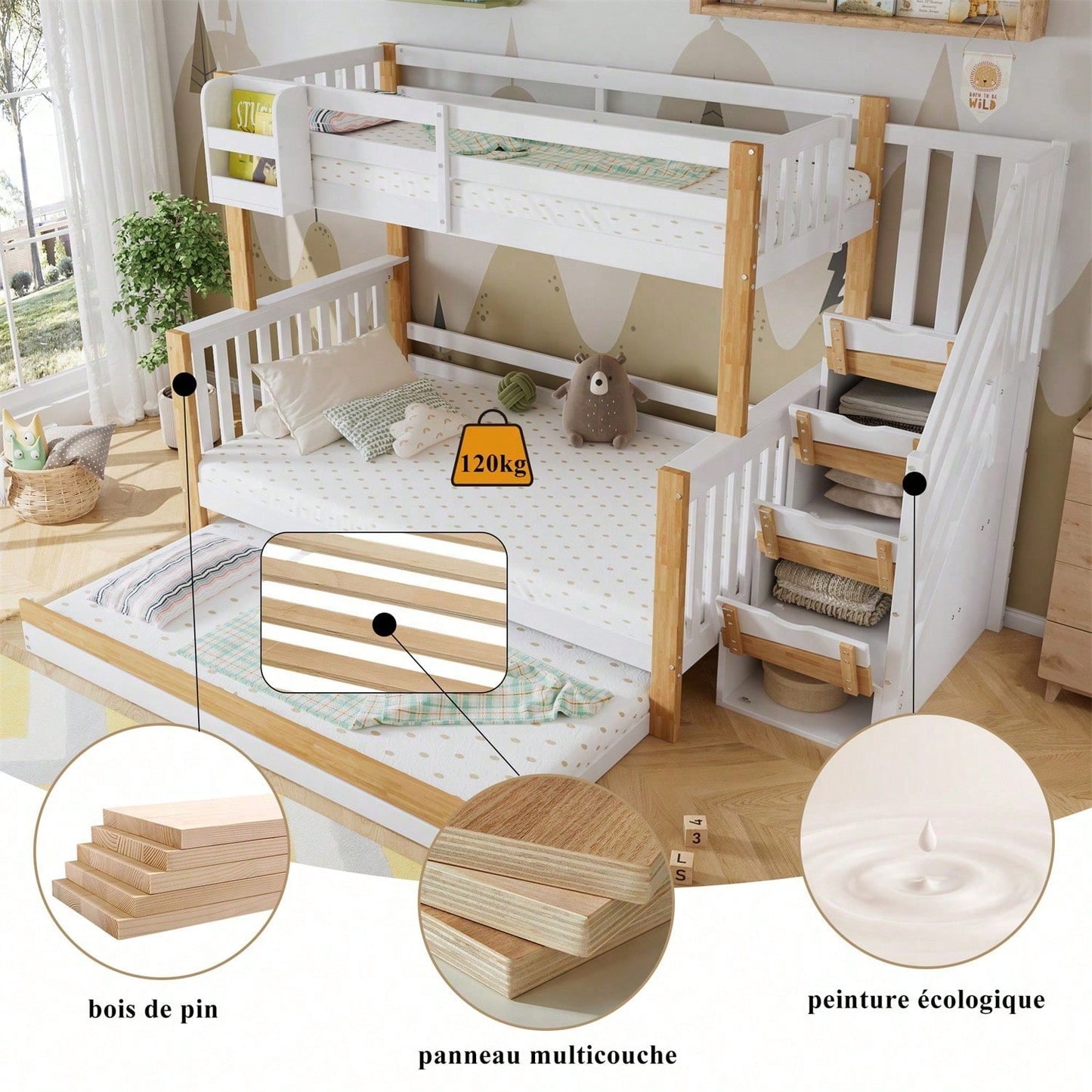 [N622F419012N] Etagenbett, Kinderbett, mit Fallschutz und Gitter, Entworfen mit drei Bettpositionen, mit Rollbett, Spezielles Türverkleidungsdesign, Ecktreppe, Kiefer+MDF, Weiß+Natur, 90x200&120*200cm