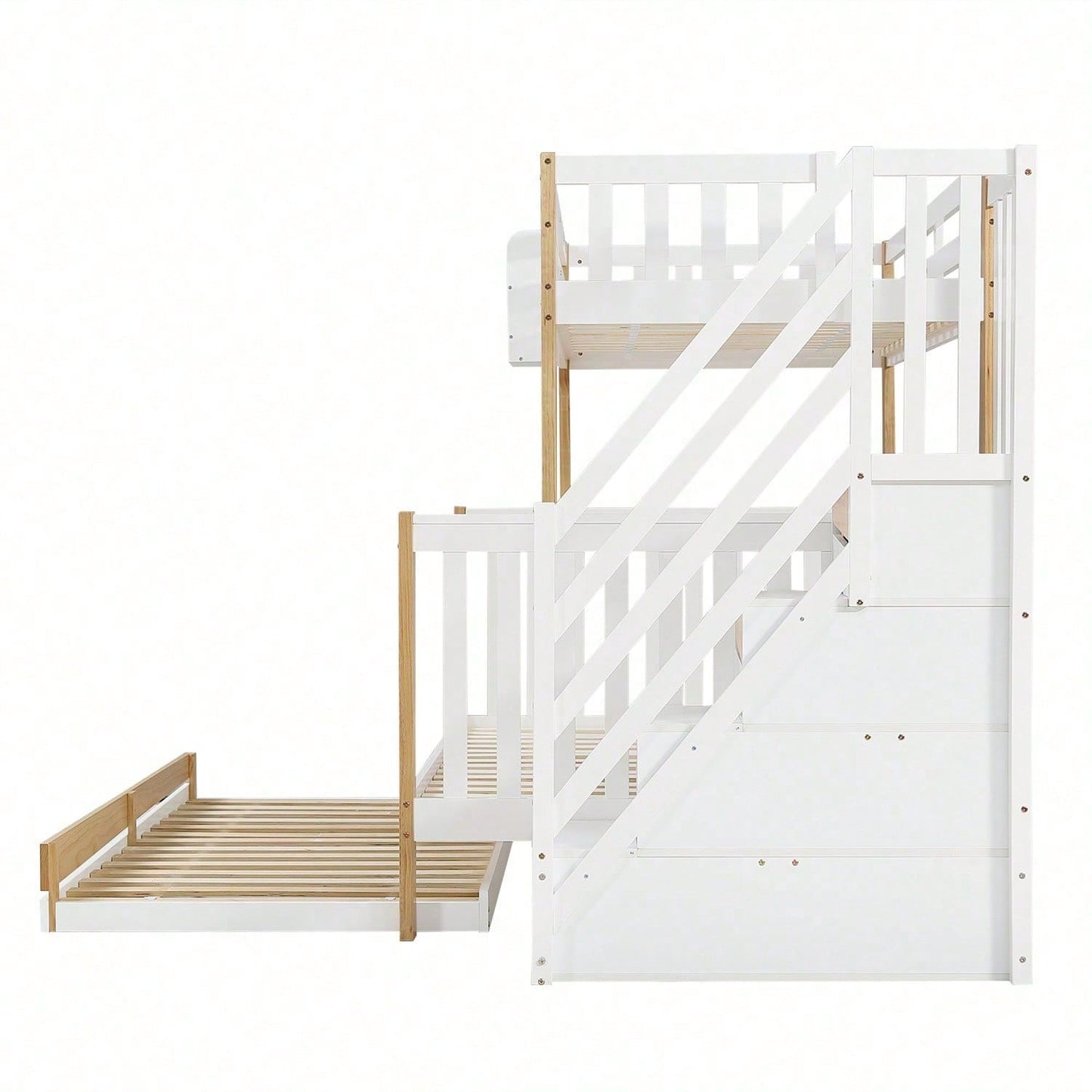 [N622F419012N] Etagenbett, Kinderbett, mit Fallschutz und Gitter, Entworfen mit drei Bettpositionen, mit Rollbett, Spezielles Türverkleidungsdesign, Ecktreppe, Kiefer+MDF, Weiß+Natur, 90x200&120*200cm
