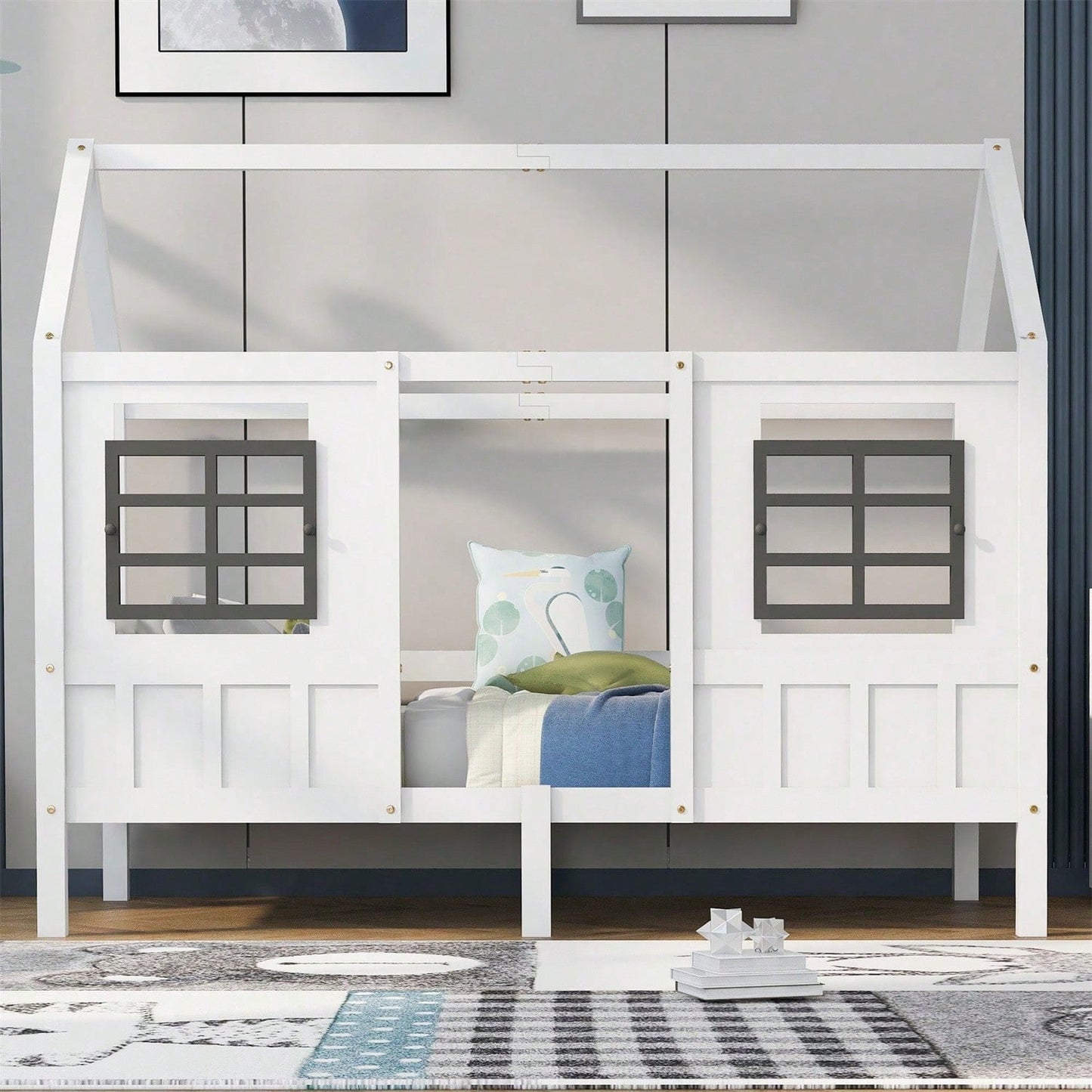 Hausbett, Einzelbett, Tagesbett, Kinderbett mit 2 Fenstern, Rahmen aus Kiefer, MDF, weiß (200x90cm)