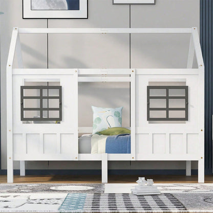Hausbett, Einzelbett, Tagesbett, Kinderbett mit 2 Fenstern, Rahmen aus Kiefer, MDF, weiß (200x90cm)