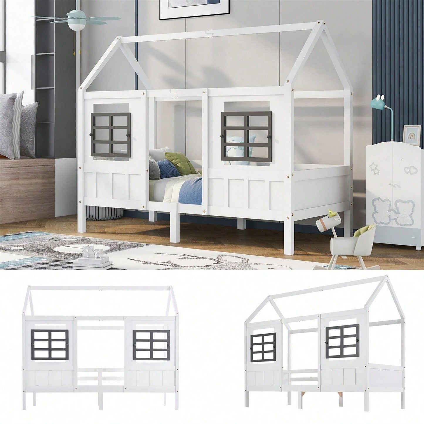 Hausbett, Einzelbett, Tagesbett, Kinderbett mit 2 Fenstern, Rahmen aus Kiefer, MDF, weiß (200x90cm)