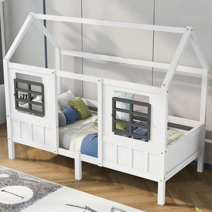 Hausbett, Einzelbett, Tagesbett, Kinderbett mit 2 Fenstern, Rahmen aus Kiefer, MDF, weiß (200x90cm)