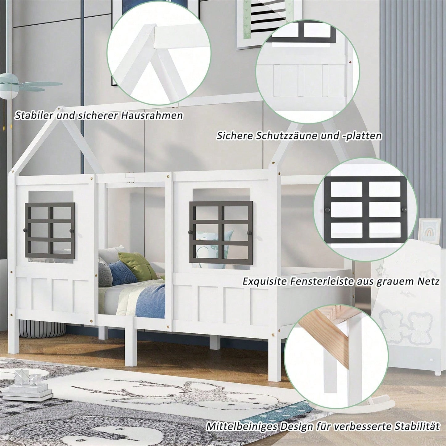 Hausbett, Einzelbett, Tagesbett, Kinderbett mit 2 Fenstern, Rahmen aus Kiefer, MDF, weiß (200x90cm)