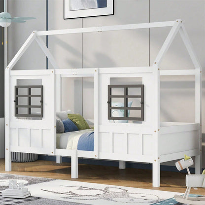 Hausbett, Einzelbett, Tagesbett, Kinderbett mit 2 Fenstern, Rahmen aus Kiefer, MDF, weiß (200x90cm)