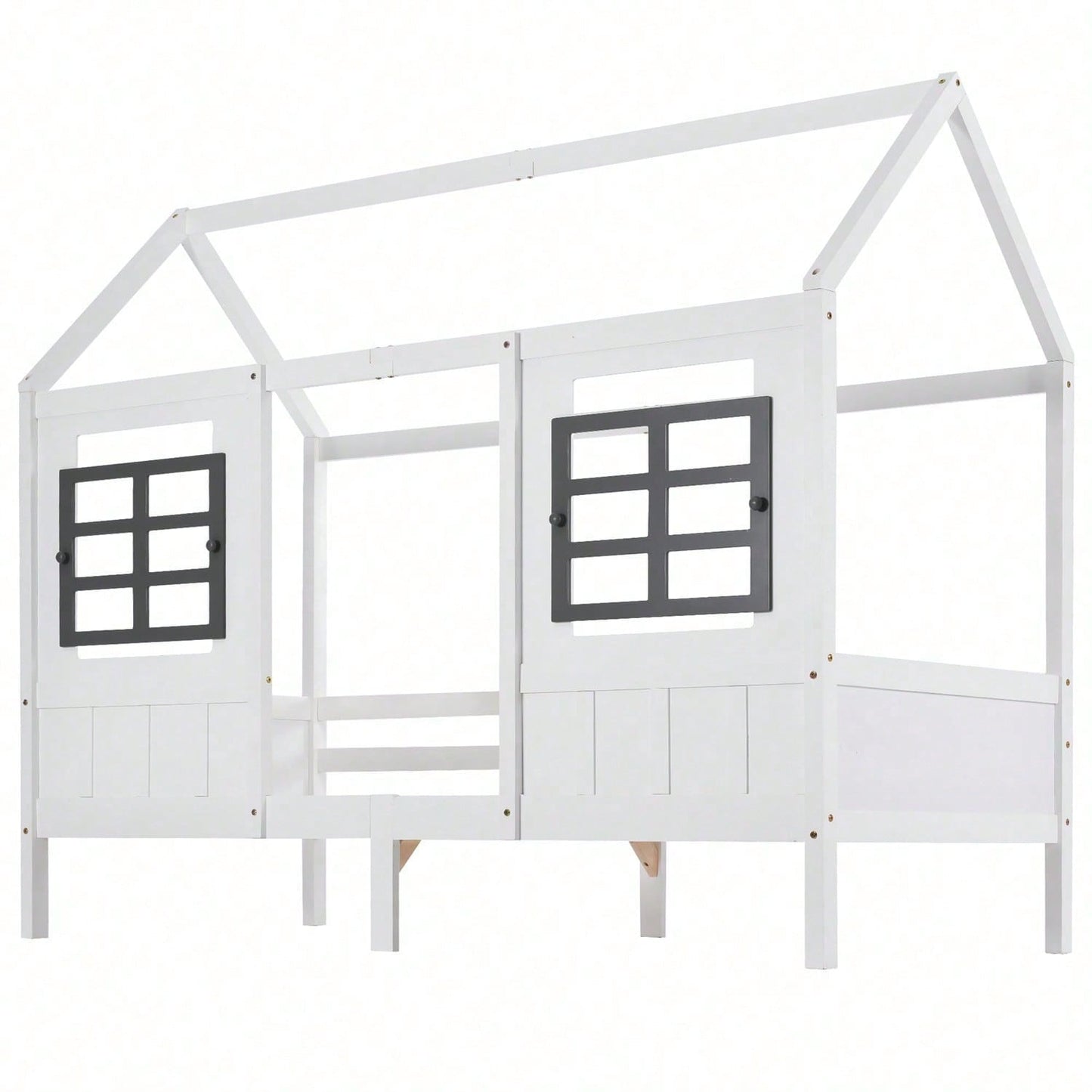 Hausbett, Einzelbett, Tagesbett, Kinderbett mit 2 Fenstern, Rahmen aus Kiefer, MDF, weiß (200x90cm)