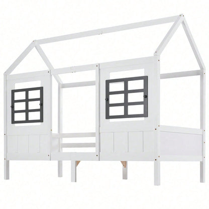 Hausbett, Einzelbett, Tagesbett, Kinderbett mit 2 Fenstern, Rahmen aus Kiefer, MDF, weiß (200x90cm)