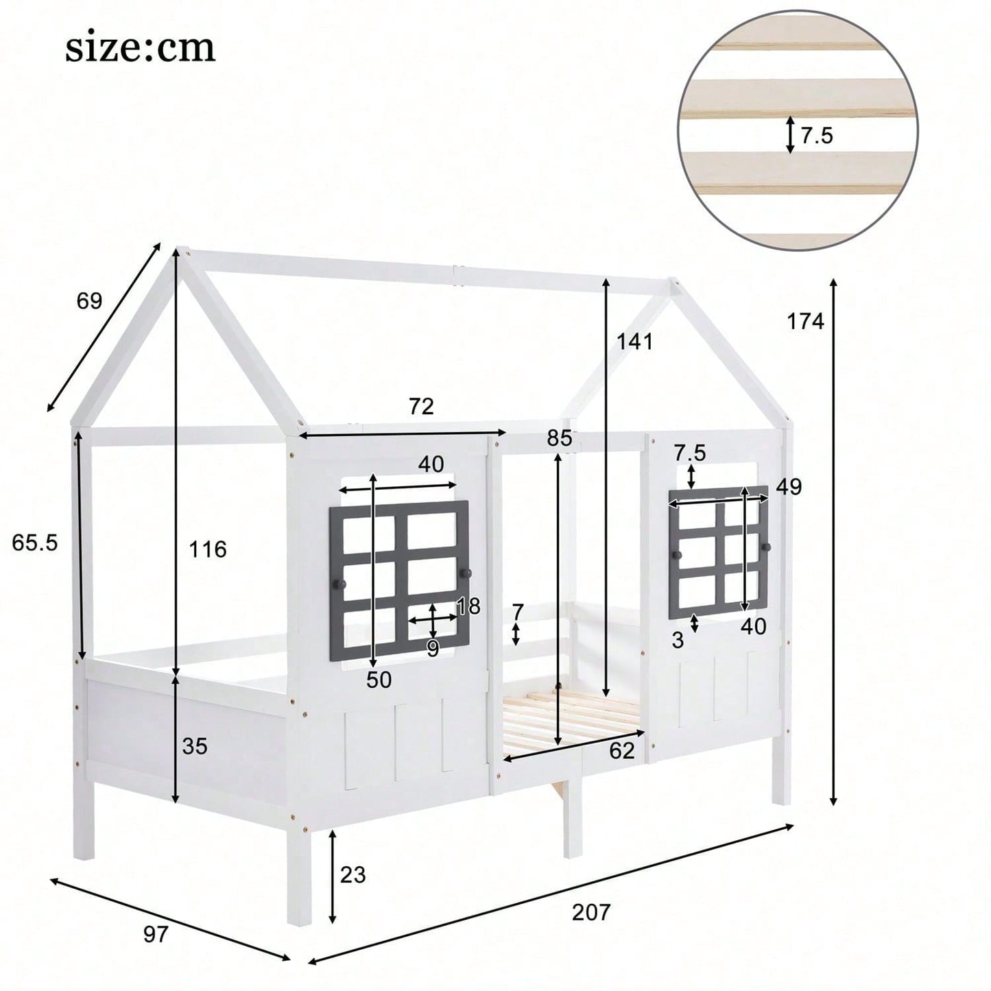 Hausbett, Einzelbett, Tagesbett, Kinderbett mit 2 Fenstern, Rahmen aus Kiefer, MDF, weiß (200x90cm)