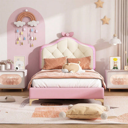 Polsterbett, Einzelbett, Wellenform mit Zugpunkt am Kopfende des Bettes, rosa Schleife, mit mehrfarbigen, wechselnden LED-Streifen, Kinderbett mit Holzlatten, Einzelbett, PU, rosa Bettrahmen, 90x200cm