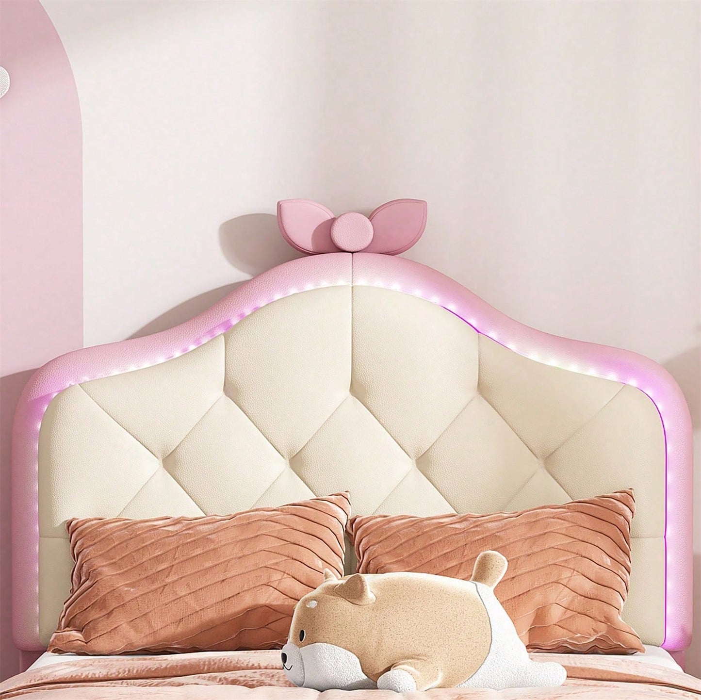 Polsterbett, Einzelbett, Wellenform mit Zugpunkt am Kopfende des Bettes, rosa Schleife, mit mehrfarbigen, wechselnden LED-Streifen, Kinderbett mit Holzlatten, Einzelbett, PU, rosa Bettrahmen, 90x200cm