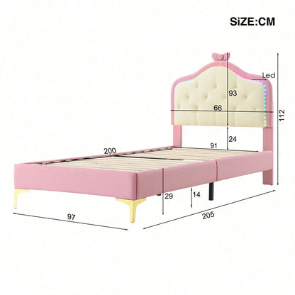 Polsterbett, Einzelbett, Wellenform mit Zugpunkt am Kopfende des Bettes, rosa Schleife, mit mehrfarbigen, wechselnden LED-Streifen, Kinderbett mit Holzlatten, Einzelbett, PU, rosa Bettrahmen, 90x200cm