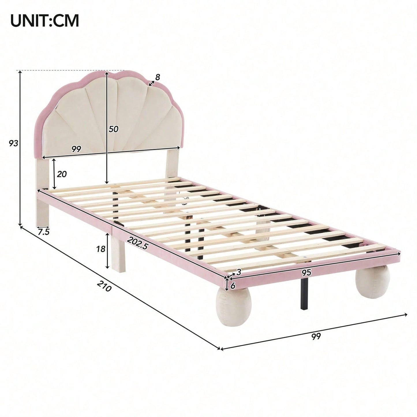 Polsterbett mit mehrfarbigen, wechselnden LED Lichtstreifen, Kopfteil mit Wellenschliff, mit gepolsterter runden Beine, Kinderbett mit Holzlatten, Einzelbett, Samt, Beige+Rosa, 90x200cm