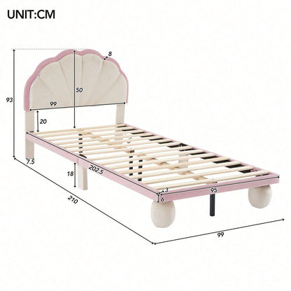 Polsterbett mit mehrfarbigen, wechselnden LED Lichtstreifen, Kopfteil mit Wellenschliff, mit gepolsterter runden Beine, Kinderbett mit Holzlatten, Einzelbett, Samt, Beige+Rosa, 90x200cm