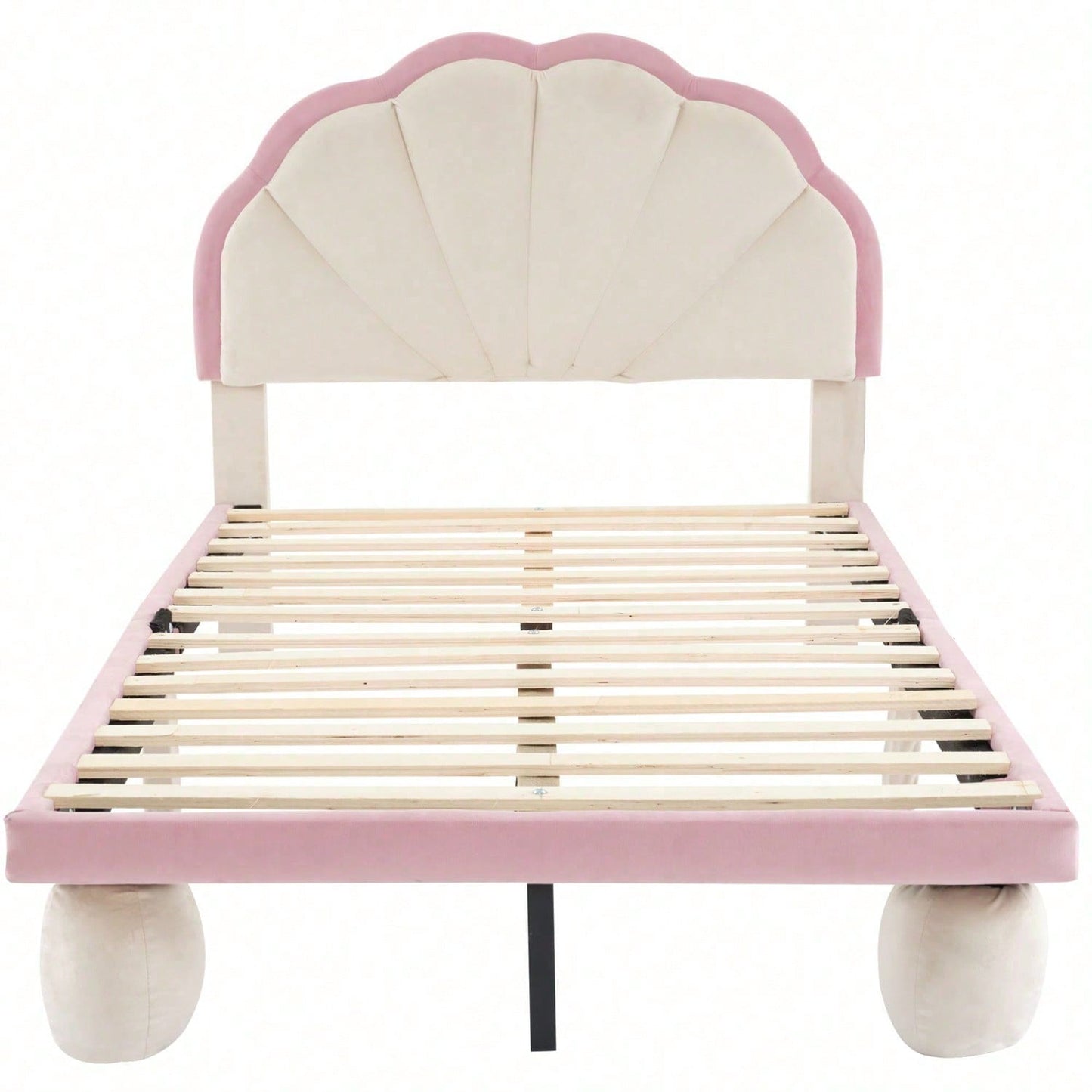 Polsterbett mit mehrfarbigen, wechselnden LED Lichtstreifen, Kopfteil mit Wellenschliff, mit gepolsterter runden Beine, Kinderbett mit Holzlatten, Einzelbett, Samt, Beige+Rosa, 90x200cm