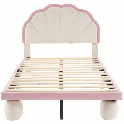 Polsterbett mit mehrfarbigen, wechselnden LED Lichtstreifen, Kopfteil mit Wellenschliff, mit gepolsterter runden Beine, Kinderbett mit Holzlatten, Einzelbett, Samt, Beige+Rosa, 90x200cm