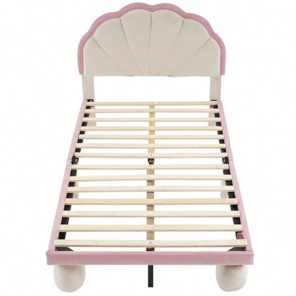 Polsterbett mit mehrfarbigen, wechselnden LED Lichtstreifen, Kopfteil mit Wellenschliff, mit gepolsterter runden Beine, Kinderbett mit Holzlatten, Einzelbett, Samt, Beige+Rosa, 90x200cm