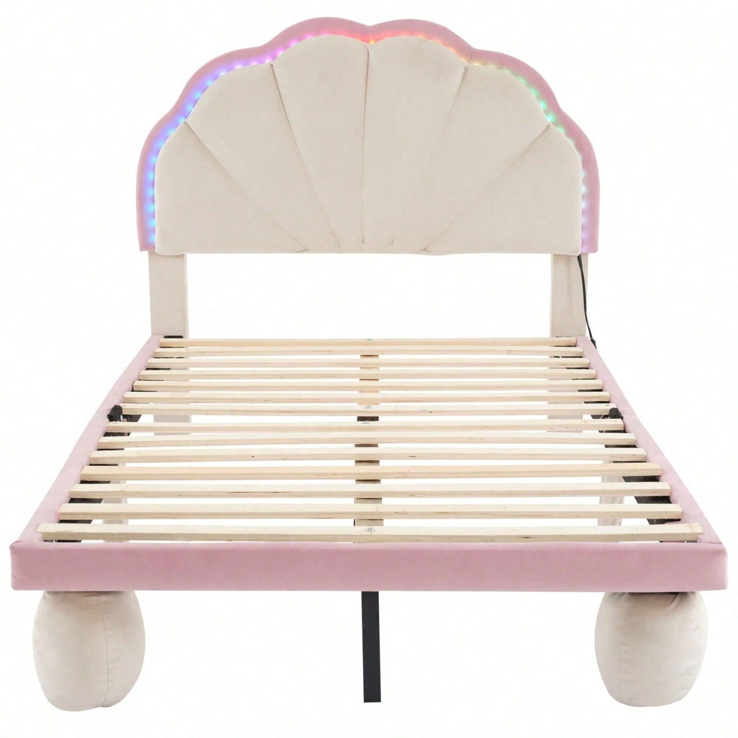 Polsterbett mit mehrfarbigen, wechselnden LED Lichtstreifen, Kopfteil mit Wellenschliff, mit gepolsterter runden Beine, Kinderbett mit Holzlatten, Einzelbett, Samt, Beige+Rosa, 90x200cm