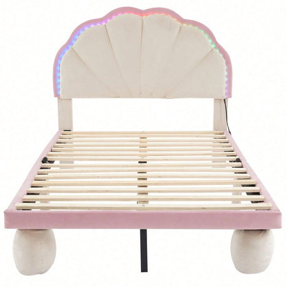 Polsterbett mit mehrfarbigen, wechselnden LED Lichtstreifen, Kopfteil mit Wellenschliff, mit gepolsterter runden Beine, Kinderbett mit Holzlatten, Einzelbett, Samt, Beige+Rosa, 90x200cm