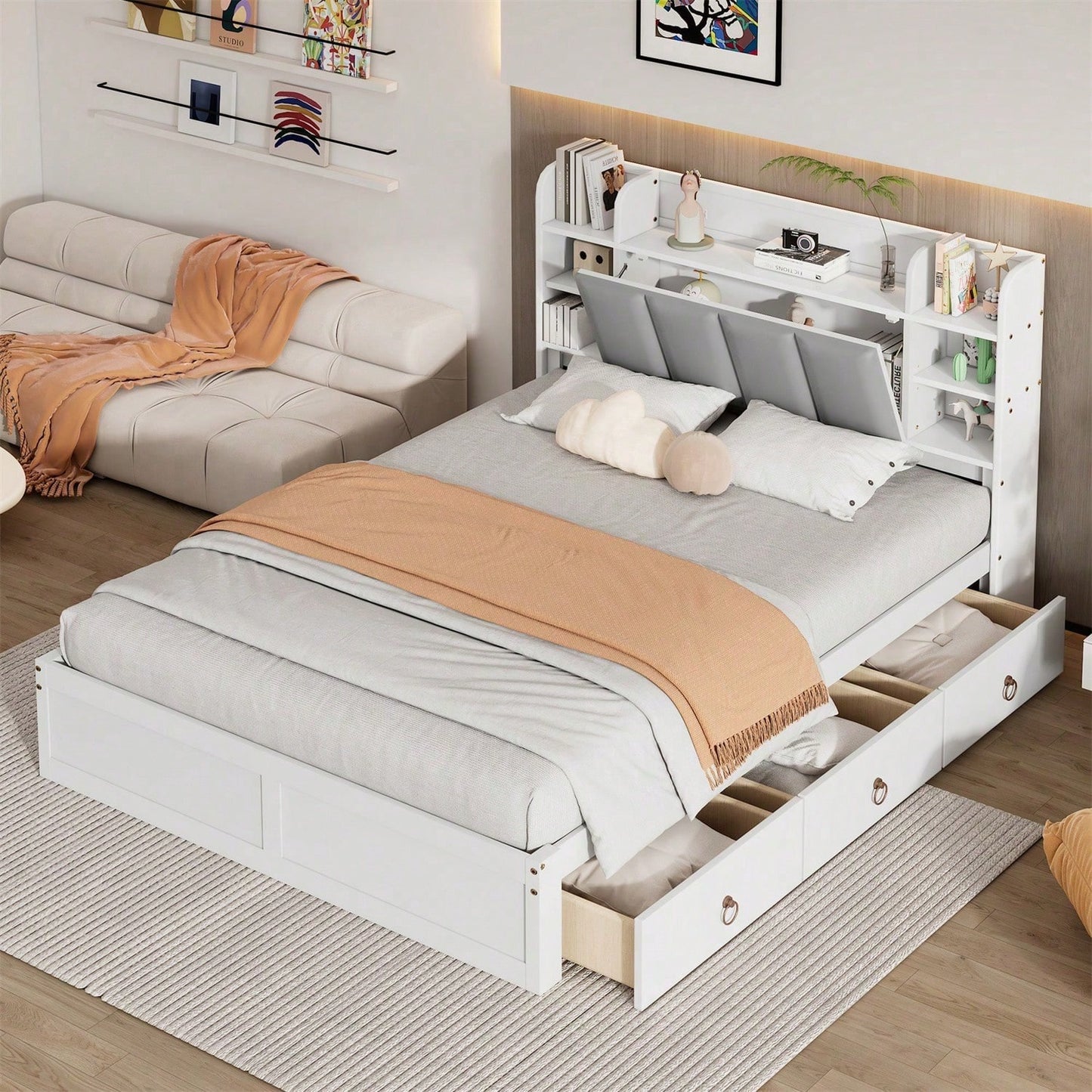Doppelbett, Offenes Regal, Drei Schubladen mit Rollen, Griffe aus Metall, Ablagefach mit herunterklappbarer Tür, Rahmen aus Kiefer, Heranwachsende und Erwachsene, Kiefer+MDF, Weiß+Grey, 140x200CM