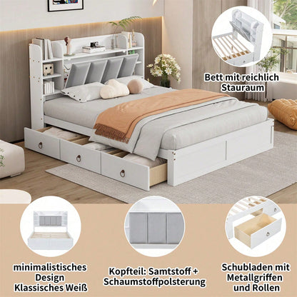 Doppelbett, Offenes Regal, Drei Schubladen mit Rollen, Griffe aus Metall, Ablagefach mit herunterklappbarer Tür, Rahmen aus Kiefer, Heranwachsende und Erwachsene, Kiefer+MDF, Weiß+Grey, 140x200CM