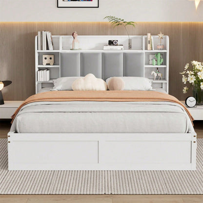 Doppelbett, Offenes Regal, Drei Schubladen mit Rollen, Griffe aus Metall, Ablagefach mit herunterklappbarer Tür, Rahmen aus Kiefer, Heranwachsende und Erwachsene, Kiefer+MDF, Weiß+Grey, 140x200CM